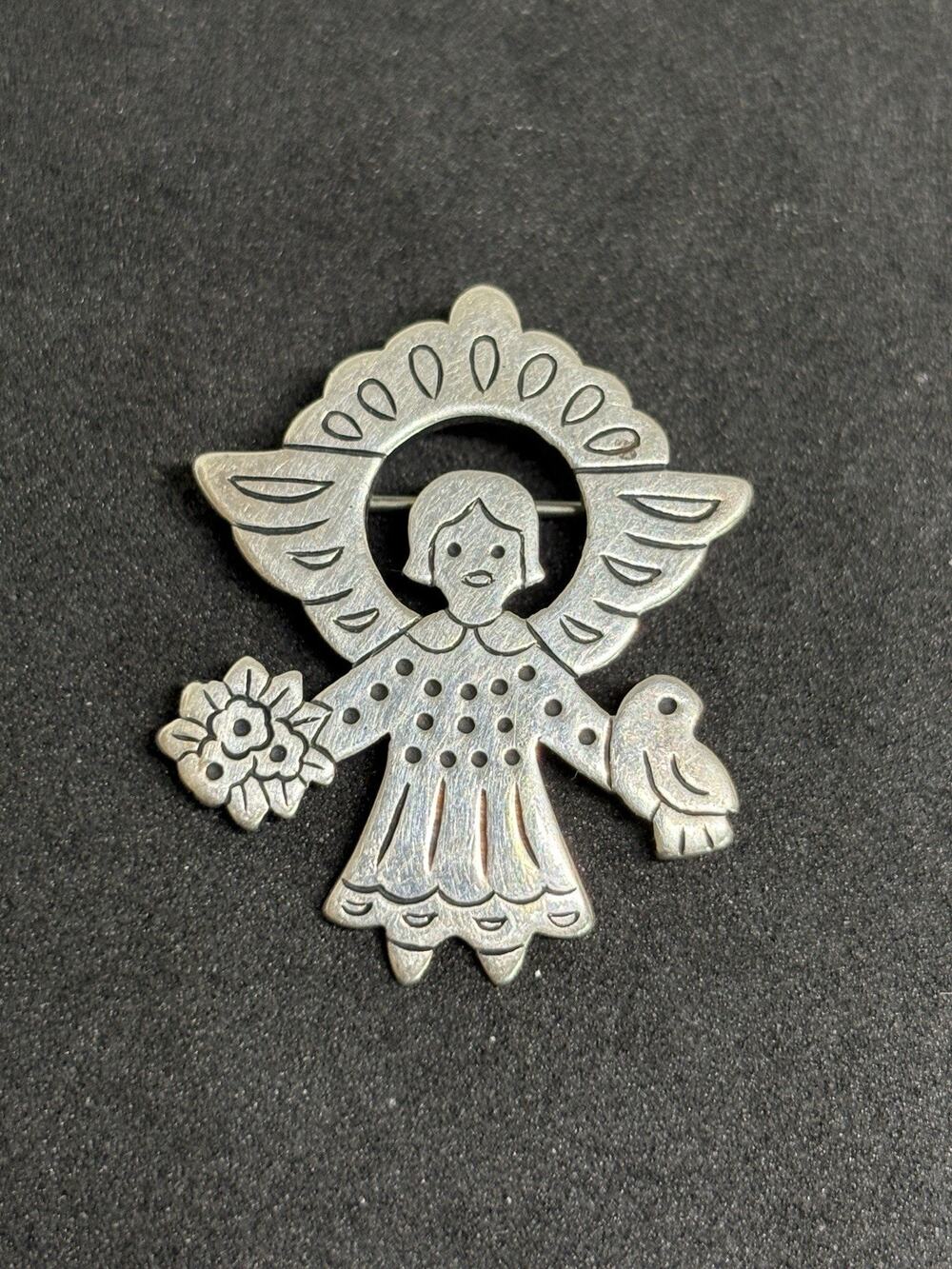 James Avery Garden Angel with Flower and Bird Pin Retired RARE Sterling SIlver